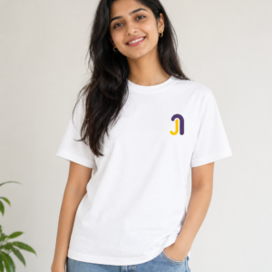 JJ Premium White T-Shirt with Minimal Dual-Tone Arc Logo, Soft Cotton Fabric, Regular Fit Crew Neck, Breathable Everyday Wear, Durable Stitching, Fade-Resistant Color